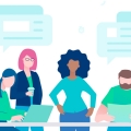 Live chat - flat design style illustration on white background. A colorful composition with international business team, employees discussing a project at the table, images of dialog boxes